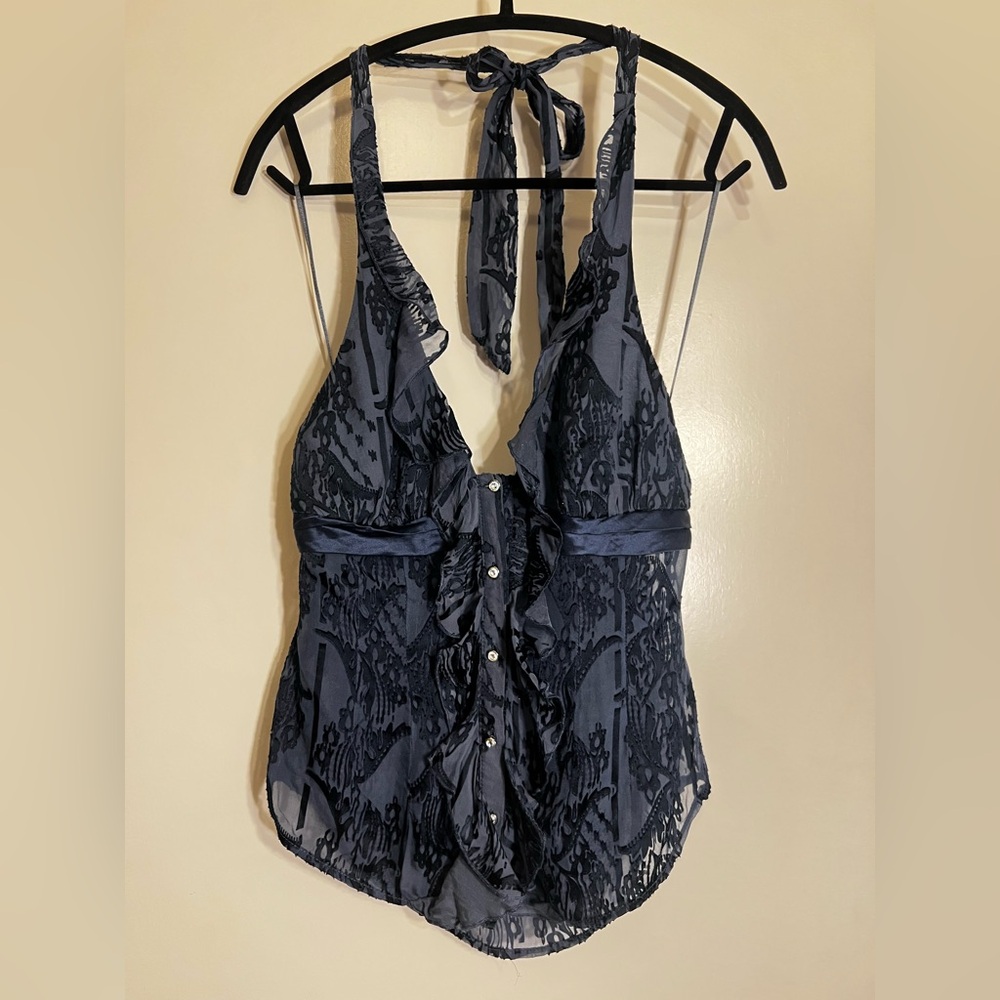 Guess Y2K Navy Blue Silk Rayon Blend Halter Button Up Blouse